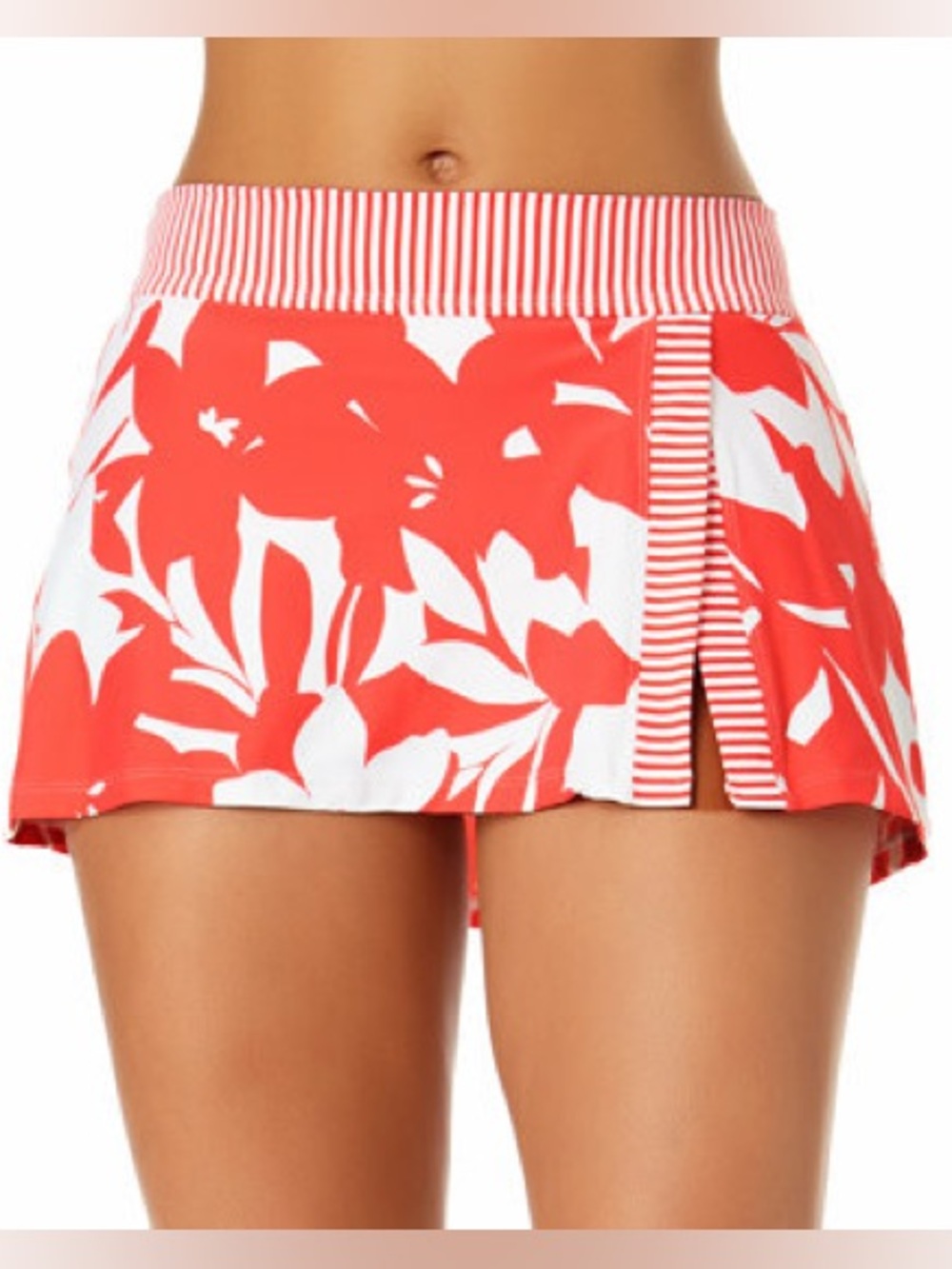 NWT Anne Cole Coral and White Floral Swim Skort with Striped Waistband